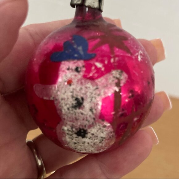 Vtg Shiny Brite Glass Christmas Ornaments Set Of 2 w Snowman And Striped Designs - Picture 3 of 9